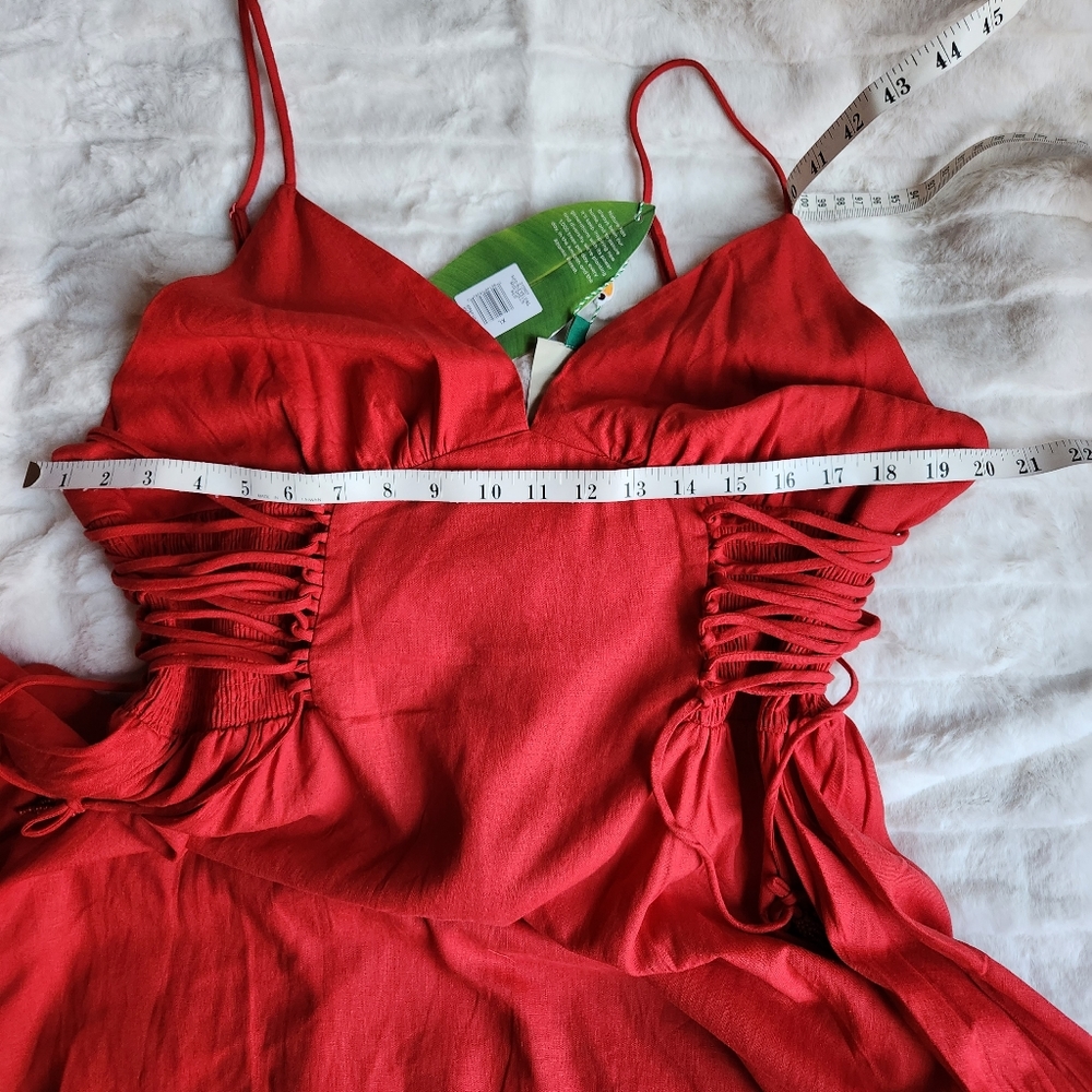 Farm rio Linen-Blend Lace-Up Midi-Dress red sz L,XL BNWT - Picture 2 of 13